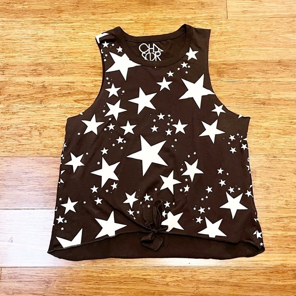 Chaser Starry Night Black With White Stars Tie Waist Sleeveless Tank Top. Medium - Picture 5 of 13